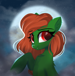 Size: 2480x2516 | Tagged: safe, artist:janelearts, oc, oc only, oc:muse, earth pony, equine, fictional species, mammal, pony, undead, vampire, feral, friendship is magic, hasbro, my little pony, 2023, cloud, commission, female, fur, green body, green fur, hair, high res, mane, moon, night, orange hair, orange mane, red eyes, solo, solo female, ych result