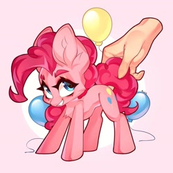 Size: 1913x1909 | Tagged: safe, artist:cypmr, artist:minekoo2, pinkie pie (mlp), earth pony, equine, fictional species, human, mammal, pony, feral, friendship is magic, hasbro, my little pony, 2023, balloon, big ears, catchlights, circle background, curly mane, cute, ears, female, hair, hand, mane, mare, pink background, pink body, pink hair, pink mane, pink tail, simple background, smiling, solo, solo female, tail
