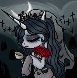 Size: 1674x1695 | Tagged: safe, artist:justsadluna, equine, fictional species, mammal, pony, undead, unicorn, zombie, zombie pony, feral, friendship is magic, hasbro, my little pony, warner brothers, 2023, bride, bust, clothes, corpse bride, crescent moon, crossover, dress, emily (corpse bride), evening gloves, eyelashes, eyes closed, female, feralized, fingerless elbow gloves, fingerless gloves, flower, furrified, gloves, goth, gravestone, graveyard, horn, long gloves, makeup, mare, moon, plant, ponified, rose, solo, solo female, species swap, tim burton, torn clothes, wedding dress, wedding veil