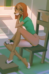Size: 666x1000 | Tagged: safe, artist:miles-df, suki lane (sing), canine, dog, mammal, saluki, anthro, illumination entertainment, sing (film), 2023, barefoot, cell phone, chair, feet, female, glasses, looking at you, phone, round glasses, sitting on bed, smartphone, solo, solo female, tired, toes
