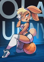 Size: 1200x1697 | Tagged: safe, artist:gallystudio, lola bunny (looney tunes), lagomorph, mammal, rabbit, anthro, looney tunes, warner brothers, basketball (ball), bedroom eyes, big breasts, big butt, blue eyes, bottomwear, breasts, buckteeth, butt, clothes, crop top, female, looking at you, open mouth, open smile, short shorts, shorts, sitting, smiling, solo, solo female, teeth, thick thighs, thighs, topwear
