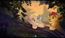 Size: 800x472 | Tagged: safe, artist:mishalion, kion (the lion guard), tiifu (the lion guard), big cat, feline, lion, mammal, feral, disney, the lion guard, the lion king, branch, cub, duo, female, leaf, letterboxing, male, young