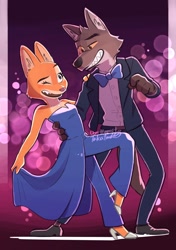 Size: 1444x2048 | Tagged: safe, artist:takatma_paint, diane foxington (the bad guys), mr. wolf (the bad guys), canine, fox, mammal, wolf, anthro, dreamworks animation, the bad guys, bottomwear, bow, bow tie, brown body, brown fur, clothes, dancing, digital art, dress, duo, duo male and female, ears, female, fur, high heels, jewelry, looking at each other, male, necklace, one eye closed, open mouth, open smile, orange body, orange fur, pants, shirt, shoes, smiling, smiling at each other, tail, teeth, topwear, vixen