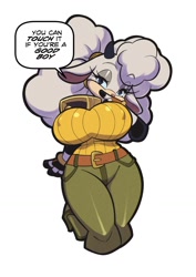 Size: 744x1052 | Tagged: safe, artist:gallystudio, lanolin the sheep (sonic), bovid, caprine, mammal, sheep, anthro, idw sonic the hedgehog, sega, sonic the hedgehog (series), bedroom eyes, belt, breasts, clothes, cowbell, female, horns, huge breasts, kneeling, looking at you, solo, solo female, sweater, thick thighs, thighs, topwear, wide hips