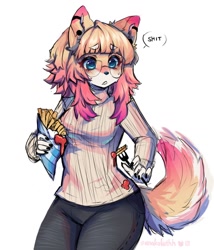 Size: 878x1024 | Tagged: safe, artist:anakoluthh, oc, oc only, cat, feline, mammal, anthro, black nose, blushing, clothes, cute, ear piercing, eyebrow through hair, eyebrows, female, fluff, french fries, gradient hair, hair, ketchup, meganekko, piercing, reasonably sized breasts, solo, solo female, sweater, tail, tail fluff, thick thighs, thighs, topwear, turtleneck, vulgar