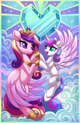 Size: 2650x4096 | Tagged: safe, artist:confetticakez, princess cadence (mlp), princess flurry heart (mlp), alicorn, equine, fictional species, mammal, pony, feral, friendship is magic, hasbro, my little pony, 2023, 2d, cloud, crystal heart, cute, daughter, duo, duo female, eyelashes, feathered wings, feathers, female, females only, filly, flying, foal, happy, high res, holding hooves, hooves, horn, jewelry, looking at each other, looking at someone, mare, mother, mother and child, mother and daughter, older, open mouth, open smile, regalia, smiling, smiling at each other, sparkly hair, sparkly mane, sparkly tail, ungulate, wings, young