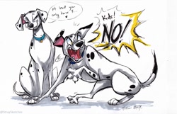 Size: 991x640 | Tagged: safe, artist:stray-sketches, dipstick (101 dalmatians), perdita (101 dalmatians), canine, dalmatian, dog, mammal, feral, 101 dalmatians, disney, 2022, 2d, angry, dialogue, duo, duo male and female, female, male, mother, mother and child, mother and son, simple background, son, talking, traditional art, white background