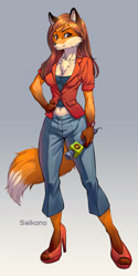 Size: 590x1182 | Tagged: safe, artist:saikono, oc, oc only, canine, fox, mammal, red fox, anthro, plantigrade anthro, 2014, belly button, bipedal, blouse, body markings, bottomwear, chest fluff, clothes, crop top, ear fluff, eyebrows, eyelashes, female, fluff, footwear, fur, gloves (arm marking), gradient background, hair, hand on hip, high heels, jeans, leg marking, looking at you, microphone, midriff, orange eyes, pants, red body, red fur, reporter, shirt, shoes, simple background, smiling, smiling at you, socks (leg marking), solo, solo female, topwear, watch, white body, white fur