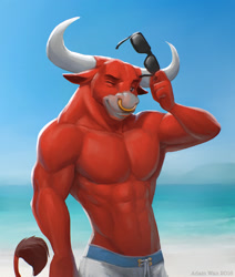 Size: 1864x2202 | Tagged: safe, artist:zaush, bovid, bull, cattle, mammal, anthro, 2016, beach, clothes, digital art, ears, fur, glasses, glasses off, horns, looking at you, male, muscles, nose piercing, nose ring, ocean, one eye closed, outdoors, partial nudity, piercing, red body, red fur, solo, solo male, standing, sunglasses, swim trunks, swimsuit, tail, tail tuft, topless, water, winking