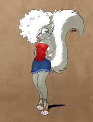Size: 831x1080 | Tagged: safe, artist:scottyartz, mammal, skunk, anthro, bedroom eyes, big breasts, blue eyes, breasts, brown background, cleavage, clothes, ears, feet, female, fur, glasses, gray body, gray fur, hair, hair over one eye, high heel sandals, looking at you, paws, round glasses, sandals, shoes, short skirt, signature, simple background, solo, solo female, standing, thick thighs, thighs, toes, white body, white fur, white hair, wide hips