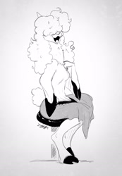 Size: 1144x1650 | Tagged: safe, artist:scottyartz, alpaca, mammal, anthro, breasts, clothes, cloven hooves, female, hair, hair over eyes, hooves, looking at you, monochrome, open mouth, open smile, signature, simple background, sitting, smiling, smiling at you, solo, solo female, tail, thick thighs, thighs, white background