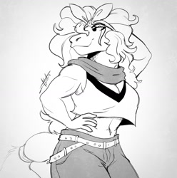 Size: 1433x1442 | Tagged: safe, artist:scottyartz, equine, horse, mammal, anthro, arm behind head, bandanna, bedroom eyes, belly button, belt, big breasts, bottomwear, breasts, cleavage, clothes, female, fur, hair, hand on hip, monochrome, muscles, muscular female, pants, signature, simple background, smiling, solo, solo female, tail, tank top, topwear, white background