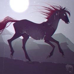 Size: 1280x1280 | Tagged: safe, artist:hiennady, oc, oc only, equine, horse, mammal, feral, 2018, ambiguous gender, detailed background, hair, moon, outdoors, purple body, red hair, running, side view, solo, solo ambiguous