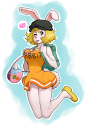Size: 600x880 | Tagged: safe, artist:gp927, carrot (one piece), lagomorph, mammal, rabbit, anthro, one piece, big breasts, bouncing breasts, breasts, cleavage, female, heart, jumping, looking at you, love heart, one eye closed, smiling, smiling at you, solo, solo female, thick thighs, thighs, tongue, tongue out, wide hips, winking