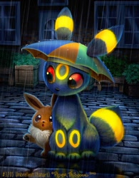 Size: 680x871 | Tagged: safe, artist:cryptid-creations, eevee, eeveelution, fictional species, mammal, umbreon, feral, nintendo, pokémon, 2022, ambiguous gender, ambiguous only, cute, duo, duo ambiguous, pun, rain, umbrella, visual pun