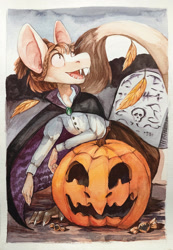 Size: 1600x2314 | Tagged: safe, artist:karintina, lippie (out-of-placers), fictional species, yinglet, the out-of-placers, border, cape, clothes, featured image, female, halloween, holiday, jack-o-lantern, leaf, pumpkin, solo, solo female, traditional art, white border