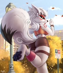 Size: 1793x2055 | Tagged: safe, artist:lightly-san, amaterasu (okami), canine, mammal, wolf, anthro, digitigrade anthro, capcom, okami, 2023, anthrofied, barefoot, bed, black nose, black sclera, bottomwear, breasts, butt, clothes, colored sclera, detailed background, digital art, ears, eyelashes, female, fur, hair, jogging, looking at you, looking back, looking back at you, park, paw pads, paws, rear view, shorts, sideboob, solo, solo female, sports bra, sports shorts, tail, thighs, topwear, wide hips