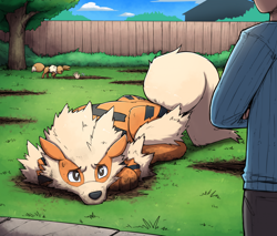 Size: 2080x1771 | Tagged: safe, artist:otakuap, arcanine, eevee, eeveelution, fictional species, human, mammal, feral, nintendo, pokémon, 2023, 2d, ambiguous gender, behaving like a dog, black nose, cute, detailed background, digital art, dirt, dirty, ears, faceless human, featured image, fluff, fur, garden, hair, hole, holes, neck fluff, paws, puppy eyes, sad, side view, tail, thighs, this will not end well, unamused