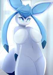 Size: 1614x2283 | Tagged: safe, alternate version, artist:pilu21, eeveelution, fictional species, glaceon, mammal, anthro, nintendo, pokémon, 2023, anthrofied, belly button, big breasts, black nose, blue eyes, breasts, digital art, ears, eyelashes, featureless breasts, featureless crotch, female, fur, hair, looking at you, smiling, smiling at you, solo, solo female, tail, thighs, wide hips
