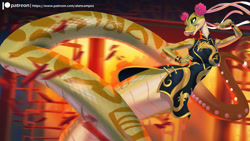 Size: 2000x1125 | Tagged: safe, artist:alanscampos, master viper (kung fu panda), fictional species, reptile, snake, viper, anthro, naga, dreamworks animation, kung fu panda, 2023, breasts, chinese dress, digital art, ears, eyelashes, female, flower, flower on head, pose, solo, solo female, tail, thighs, wide hips