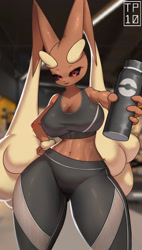 Size: 1717x3025 | Tagged: safe, artist:tp10, fictional species, lopunny, mammal, anthro, nintendo, pokémon, 2023, arm fluff, belly button, black sclera, breasts, butt, clothes, colored sclera, detailed background, digital art, ear fluff, ears, eyelashes, female, fluff, fur, gym, hand on hip, huge breasts, looking at you, pink nose, pose, solo, solo female, sports bra, sports pants, tail, thighs, topwear, underass, water bottle, wide hips