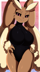 Size: 2350x4209 | Tagged: safe, artist:pridark, fictional species, lagomorph, lopunny, mammal, nintendo, pokémon, 2023, absurd resolution, belly button, big breasts, big ears, black clothing, border, breasts, brown body, brown fur, clothes, ears, eyebrows, featureless breasts, featureless crotch, female, fur, grin, grinning at you, hand, hand on hip, hands, high res, leotard, looking at you, pink eyes, pink nose, pose, sexy, sexy outfit, skintight, skintight clothes, smiling, smiling at you, solo, solo female, sweater, thick thighs, thighs, topwear, turtleneck, white border, wide hips