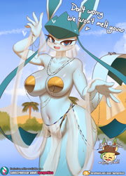 Size: 1500x2080 | Tagged: suggestive, artist:burgerkiss, eeveelution, fictional species, glaceon, leafeon, mammal, anthro, nintendo, pokémon, 2023, belly button, belly dancer, belly dancer outfit, big breasts, black nose, blushing, breasts, cameltoe, clothes, dancing, desert, detailed background, dialogue, digital art, ears, eyelashes, female, fur, hair, hat, headwear, heart, heart eyes, loincloth, looking at you, musk, oasis, open mouth, palm tree, panties, partial nudity, pasties, plant, pose, see-through, solo, solo female, speech bubble, sweat, tail, talking, talking to viewer, text, thighs, thong, tongue, topless, tree, underwear, wide hips, wingding eyes