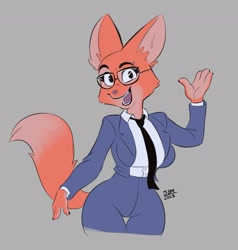Size: 1969x2067 | Tagged: safe, artist:spongebandimark, diane foxington (the bad guys), canine, fox, mammal, anthro, dreamworks animation, the bad guys, 2023, 4 fingers, big breasts, bottomwear, breasts, clothes, dipstick tail, eyebrow piercing, eyebrows, eyelashes, female, fur, glasses, looking at you, necktie, open mouth, open smile, orange body, orange fur, pants, piercing, shirt, smiling, smiling at you, solo, solo female, suit, tail, thick thighs, thigh gap, thighs, topwear, vixen, wide hips