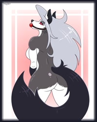 Size: 860x1080 | Tagged: suggestive, artist:skeletalheart, loona (vivzmind), canine, fictional species, hellhound, mammal, anthro, digitigrade anthro, hazbin hotel, helluva boss, 2023, ball gag, black nose, breasts, butt, cheek fluff, clothes, colored sclera, digital art, ears, eyelashes, female, fingerless gloves, fluff, fur, gag, gloves, hair, looking at you, looking back, looking back at you, nudity, pose, rear view, red sclera, sideboob, simple background, solo, solo female, tail, thighs, unamused, wide hips