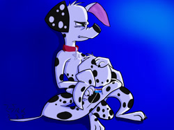 Size: 1024x768 | Tagged: safe, artist:ark235, dolly (101 dalmatians), dylan (101 dalmatians), canine, dalmatian, dog, mammal, 101 dalmatian street, 101 dalmatians, disney, angry, blue background, duo, duo male and female, female, male, sad, siblings, simple background
