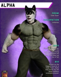 Size: 1600x2000 | Tagged: safe, artist:edge anthro, oc, oc:alpha (edgeanthro), canine, mammal, wolf, anthro, 3d, 3d model, 3d modeling, abs, black nose, bottomwear, buff, buff male, claws, clothes, countershade face, countershading, digital art, dipstick arms, ears, fist, fur, gray body, gray fur, gray tank top, grey tank top, male, muscles, muscular male, pants, purple background, realistic, simple background, solo, solo male, tail, tank top, teeth, text, three-quarter view, topwear, white countershading, white forearms, white text