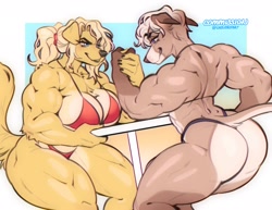 Size: 2048x1583 | Tagged: safe, artist:nasusbot, canine, dog, mammal, anthro, arm wrestling, bikini, breasts, butt, clothes, duo, duo female, female, females only, huge breasts, huge butt, muscles, muscular female, swimsuit, tail, thunder thighs