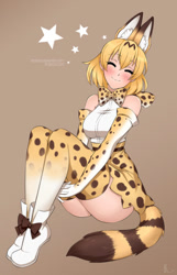 Size: 644x1000 | Tagged: safe, artist:lindarozeart, serval (kemono friends), animal humanoid, feline, fictional species, mammal, humanoid, kemono friends, 2018, 4 ears, animal ears, animal print, armwear, black body, black fur, black spots, black tail, blonde hair, blushing, body markings, bottomwear, bow, bow tie, clothes, dipstick ears, ear fluff, ears, evening gloves, eyebrow through hair, eyebrows, eyes closed, female, fluff, footwear, fully clothed, fur, gloves, hair, interlocked fingers, legwear, light body, light skin, long gloves, multicolored body, multicolored fur, multicolored hair, multicolored tail, multiple ears, pattern bottomwear, pattern clothing, pattern legwear, ring (marking), ringtail, shirt, shoes, short hair, simple background, sitting, skin, skirt, smiling, socks, solo, solo female, spots, spotted body, spotted clothing, spotted fur, stars, tail, tail markings, tan body, tan skin, thigh highs, topwear, translucent, two toned tail, wall of tags, white body, white clothing, white fur, white shirt, white topwear, yellow body, yellow clothing, yellow fur, yellow hair, yellow tail