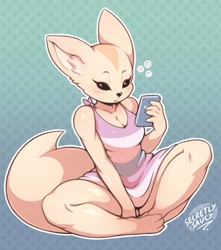 Size: 1069x1209 | Tagged: safe, artist:secretly_saucy, fenneko (aggretsuko), canine, fennec fox, fox, mammal, anthro, aggretsuko, sanrio, 2019, 3 toes, 5 fingers, big ears, big tail, black eyes, black nose, blushing, bottomless, breasts, cell phone, cleavage, clothes, digital art, ear fluff, ears, english text, eyebrows, eyelashes, feet, female, fingers, fluff, front view, fur, gradient background, holding, holding object, holding phone, long tail, looking at object, multicolored body, multicolored clothing, multicolored fur, multicolored topwear, nudity, outline, partial nudity, pattern background, pattern clothing, pattern shirt, pattern topwear, phone, pink clothing, pink topwear, shirt, signature, sitting, snout, solo, solo female, striped clothes, striped shirt, striped topwear, stripes, tail, text, toes, topwear, two toned body, two toned fur, white body, white ears, white tail, wide hips