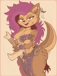 Size: 1536x2048 | Tagged: safe, artist:combelart, fictional species, gnoll, hyena, mammal, spotted hyena, anthro, dungeons & dragons, bedroom eyes, belly button, big breasts, big butt, breast squish, breasts, butt, covering breasts, ear piercing, female, hair, looking at you, mohawk, open mouth, open smile, piercing, smiling, smiling at you, solo, solo female, thick thighs, thighs, wide hips