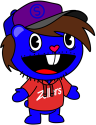 Size: 1275x1664 | Tagged: safe, artist:mrstheartist, oc, oc only, oc:seb the bear, bear, mammal, semi-anthro, happy tree friends, blobfeet, blue body, blue fur, bright colors, buckteeth, cap, clothes, fur, hat, headwear, heart nose, male, outfit, red hoodie, simple background, solo, solo male, teeth, transparent background