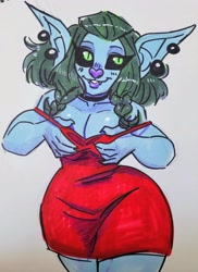 Size: 2885x3972 | Tagged: safe, artist:cyberelladraws, fictional species, goblin, mammal, humanoid, big breasts, breast grab, breasts, breasts touching, cleavage, ear piercing, ears, female, long ears, looking at you, open mouth, open smile, piercing, pointy ears, red dress, smiling, smiling at you, solo, solo female, thick thighs, thighs, wide hips