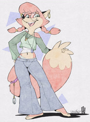 Size: 2471x3348 | Tagged: safe, artist:arcworksdraws, oc, oc:patty (fox-popvli), canine, fox, mammal, anthro, barefoot, belly button, bottomwear, claws, clothes, crop top, ear piercing, earring, ears, feet, female, fur, glasses, green eyes, hair, hippie, jeans, jewelry, looking at you, necklace, open mouth, panties, pants, paws, piercing, pigtails, red body, red fur, red hair, round glasses, signature, smiling, smiling at you, solo, solo female, standing, tail, toe claws, toes, topwear, underwear, vixen, wide hips