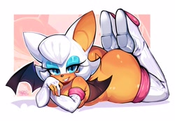 Size: 2869x1985 | Tagged: suggestive, artist:ichig8miruku, rouge the bat (sonic), bat, mammal, anthro, sega, sonic the hedgehog (series), armwear, artist name, bat ears, bat wings, bedroom eyes, big breasts, big butt, boots, breasts, bubble butt, butt, chiropteran, cleavage, clothes, countershading, female, footwear, glistening, glistening body, gloves, hair, handwear, legwear, looking at you, lying down, membrane (anatomy), multicolored face, naughty face, nudity, partial nudity, prone, seductive, seductive look, shoes, short hair, short tail, skin, smiling, smiling at you, solo, solo female, tail, tan body, tan countershading, tan skin, thick thighs, thigh high boots, thighs, webbed wings, white hair, white skin, wings