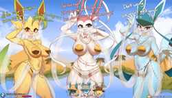 Size: 2539x1451 | Tagged: suggestive, artist:burgerkiss, eeveelution, fictional species, glaceon, leafeon, lucario, mammal, sylveon, anthro, nintendo, pokémon, 2023, belly button, belly dancer, belly dancer outfit, big breasts, black nose, blushing, breasts, clothes, dancing, desert, detailed background, dialogue, digital art, ears, eyelashes, female, females only, fur, hair, hat, headwear, heart, heart eyes, leaf, loincloth, looking at you, oasis, open mouth, palm tree, panties, partial nudity, pasties, plant, pose, ribbons (body part), see-through, simple background, speech bubble, sweat, tail, talking, talking to viewer, text, thighs, thong, tongue, topless, tree, trio, trio female, underwear, wide hips, wingding eyes
