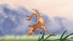 Size: 1425x800 | Tagged: safe, artist:maureen carlalee, bambi (bambi), the great prince of the forest (bambi), cervid, deer, mammal, feral, bambi (film), disney, buck, duo, duo male, father, father and child, father and son, fawn, male, males only, son
