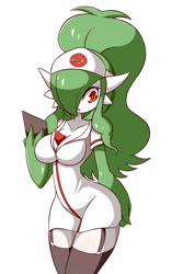 Size: 2834x4251 | Tagged: safe, artist:lucyfercomic, hilda (pokémon), fictional species, gardevoir, nintendo, pokémon, 2019, alternate hairstyle, breasts, cleavage, clothes, cosplay, costume, digital art, female, garter straps, green hair, hair, hair over one eye, high res, holding, holding object, legwear, long hair, nurse, nurse outfit, one eye obstructed, open mouth, pokémon trainer, ponytail, pose, red eyes, simple background, socks, solo, solo female, standing, stockings, thick thighs, thigh highs, thighs, white background, white body, white skin