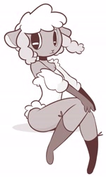 Size: 2775x4613 | Tagged: safe, artist:theartmanor, leggy lamb (droopy), bovid, caprine, fictional species, mammal, wooloo, anthro, droopy (series), nintendo, pokémon, sheep wrecked, 2019, clothes, cosplay, crossover, female, hair, high res, looking at you, metro-goldwyn-mayer, monochrome, simple background, sitting, solo, solo female, white background, white hair