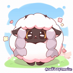 Size: 800x800 | Tagged: safe, artist:nakimayonnaise, bovid, caprine, fictional species, mammal, wooloo, feral, nintendo, pokémon, 1:1, 2019, 2d, 2d animation, :3, ><, ambiguous gender, animated, bleating, blinking, blushing, cloud, cute, cute eyes, emanata, eyes closed, fluff, fur, gif, grass, hair, heart, heart nose, horizontal pupils, horn, kemono, looking at you, loop, open mouth, open smile, pink nose, pupils, quadruped, short playtime, sky, smiling, solo, white body, white fur, white hair, white wool, wool (fur)