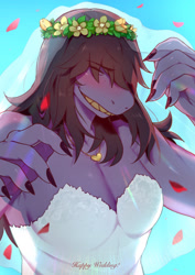 Size: 1451x2048 | Tagged: dead source, safe, artist:kosafordraw, susie (deltarune), reptile, anthro, deltarune, undertale, black hair, blushing, bottomwear, breasts, bust, claws, cleavage, clothes, dress, eyes closed, female, floral, flower, flower crown, flower in hair, freckles, garland, grin, hair, hair accessory, jewelry, necklace, petals, plant, portrait, purple body, purple skin, skin, smiling, solo, solo female, teeth, wedding dress