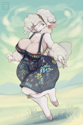 Size: 1570x2347 | Tagged: safe, artist:inno-sjoa, bovid, caprine, mammal, sheep, anthro, bottomwear, breasts, cleavage, clothes, cloven hooves, dress, female, hair, hair over one eye, hooves, huge breasts, solo, solo female, tail, thick thighs, thighs, wide hips