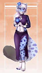 Size: 1258x2160 | Tagged: safe, artist:bastika, oc, oc only, oc:laura (philian199), big cat, feline, leopard, mammal, snow leopard, anthro, 2019, 4 toes, 5 fingers, abstract background, barefoot, blue body, blue fur, bottomwear, breasts, claws, cleavage, clothes, crop top, digital art, dress, feet, female, flower, flower in hair, fur, grin, hair, hair accessory, jewelry, looking at you, midriff, multicolored body, multicolored fur, necklace, pantherine, pink eyes, pink nose, plant, purple eyes, side slit, skirt, smiling, solo, solo female, spots, spotted body, spotted fur, standing, tail, toes, topwear, white body, white fur, white hair