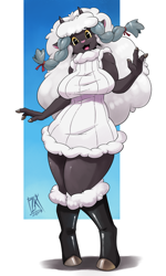 Size: 616x1024 | Tagged: safe, artist:zwitterkitsune, bovid, caprine, fictional species, mammal, wooloo, anthro, nintendo, pokémon, 2019, 3 fingers, abstract background, black body, black fur, boots, braid, clothes, colored sclera, digital art, female, fingers, fur, hair, horizontal pupils, horn, legwear, looking at you, open mouth, open smile, pink nose, pupils, shoes, signature, smiling, solo, solo female, standing, sweater, tongue, topwear, white clothing, white hair, yellow sclera