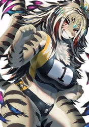 Size: 1436x2048 | Tagged: safe, artist:nukochi, big cat, feline, mammal, tiger, anthro, tokyo afterschool summoners, asian clothing, belly button, big breasts, black body, black fur, black hair, blushing, body markings, bottomwear, breasts, brown nose, chest fluff, claws, clothes, countershading, crop top, digital art, durga, east asian clothing, female, fluff, fur, gray body, gray fur, gray tail, grin, hair, japanese clothing, jewelry, kemono, long hair, long tail, looking at you, multicolored body, multicolored fur, multicolored hair, pantherine, red eyes, red hair, sharp teeth, shirt, simple background, smiling, solo, solo female, sports panties, striped body, striped fur, striped hair, striped markings, striped tail, stripes, tail, tail markings, teeth, tight clothing, topwear, white background, white body, white fur, white hair