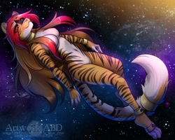 Size: 1280x1024 | Tagged: safe, artist:abluedeer, big cat, feline, mammal, tiger, anthro, 2018, 4 toes, 5:4, barefoot, belly button, black stripes, breasts, digital art, eyelashes, feet, female, fur, green eyes, hair, orange body, orange fur, pantherine, red hair, smiling, solo, solo female, space, stars, striped body, striped fur, striped tail, stripes, tail, toes